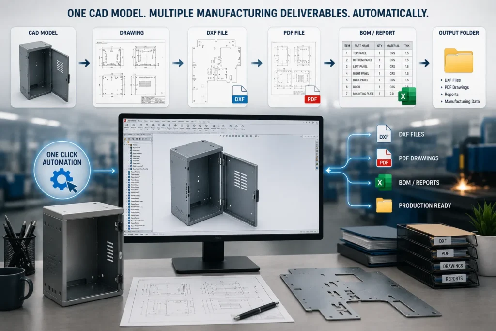 Sheet Metal Automation generating DXF exports, manufacturing drawings, BOMs, PDFs, and production-ready files from a single CAD model.