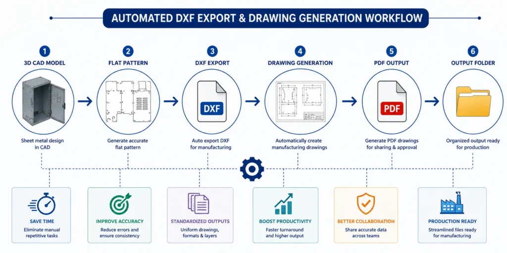 Step-by-step Sheet Metal Automation workflow showing CAD model creation, flat pattern generation, DXF export, drawing generation, PDF output, and production-ready file creation.