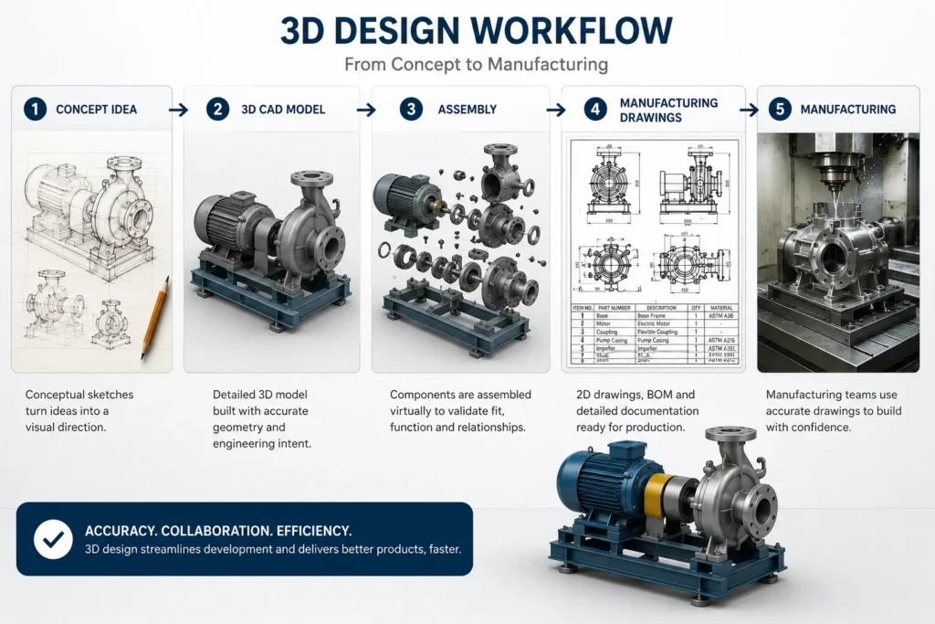 Engineering team reviewing a 3D CAD assembly during product development