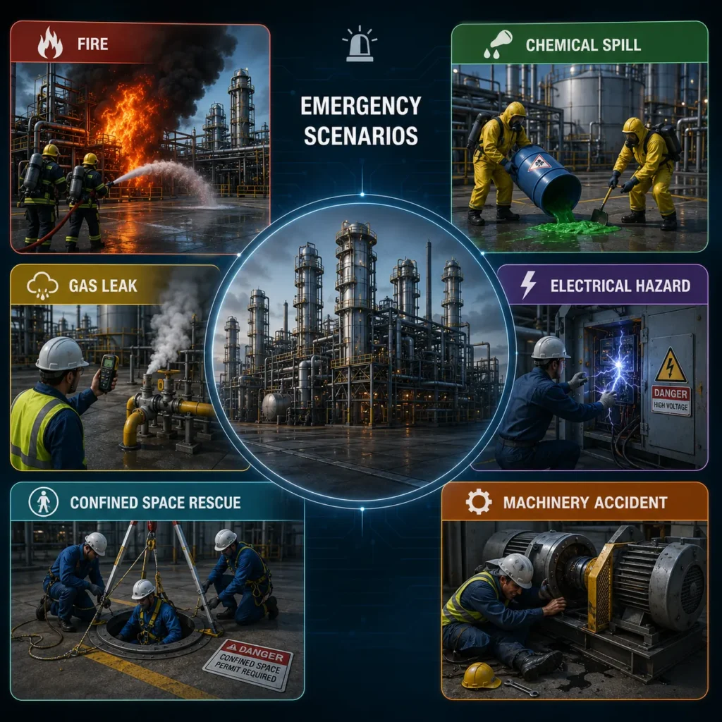Common industrial emergency scenarios demonstrated using 3D safety animation