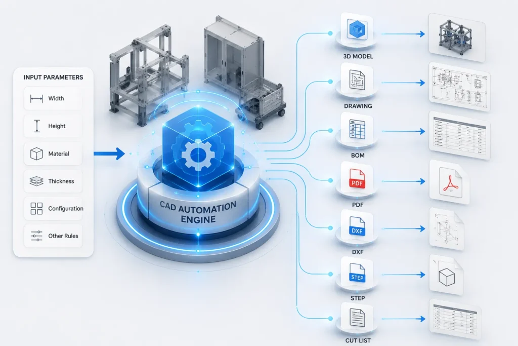 CAD automation workflow showing input parameters automatically generating 3D models, technical drawings, BOMs, PDF, DXF, STEP files, and cut lists for SOLIDWORKS and Autodesk Inventor.