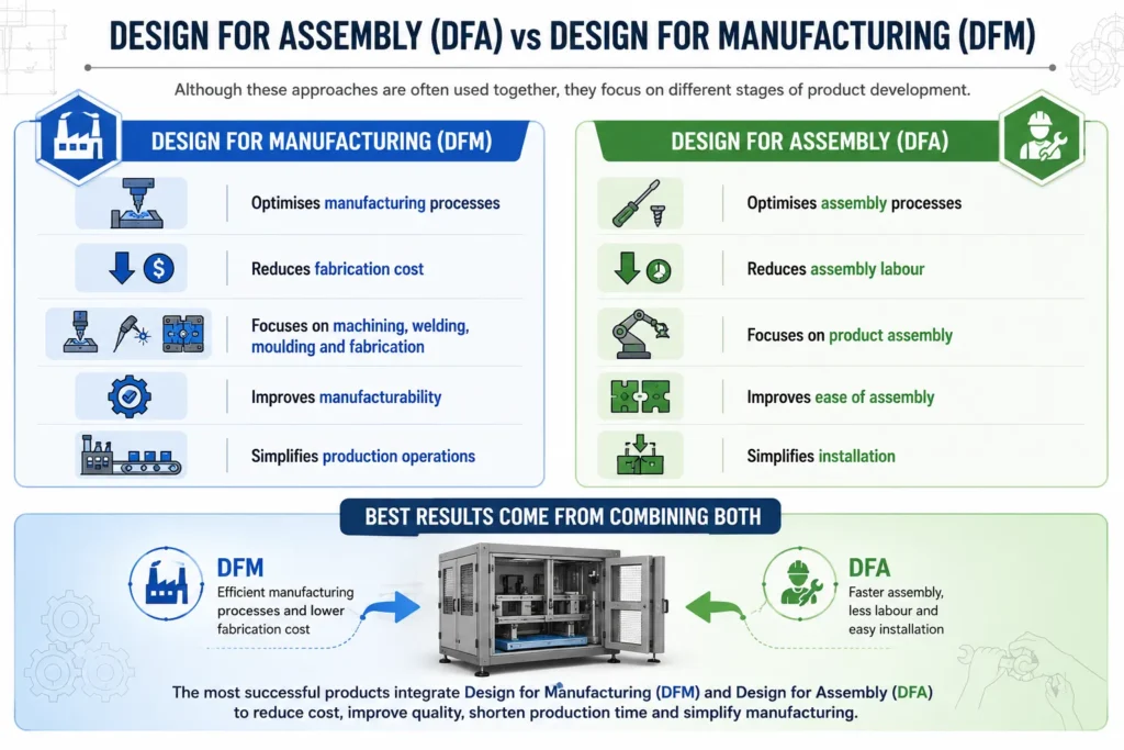 Infographic comparing Design for Manufacturing (DFM) and Design for Assembly (DFA), highlighting their differences in manufacturing processes, assembly efficiency, fabrication cost, labour reduction, and product development.