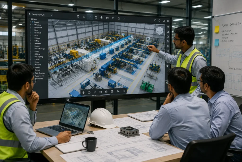 Engineers reviewing an interactive 3D factory layout during the planning of a factory walk-through animation for plant expansion and manufacturing facility design.