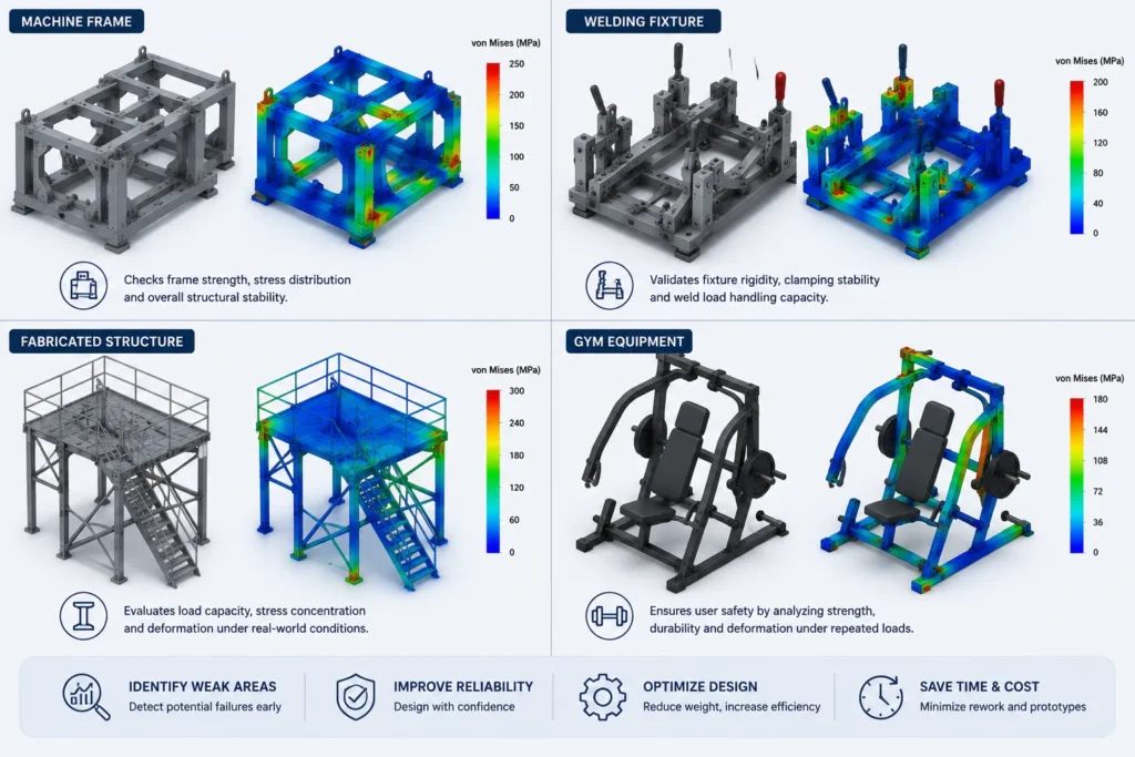Applications of FEA Simulation for mechanical equipment, industrial fixtures and gym equipment.
