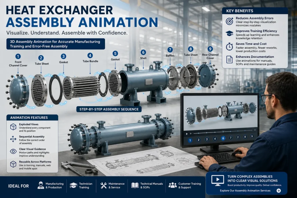 3D heat exchanger assembly animation showing an exploded view with step-by-step assembly sequence for manufacturing and technician training.
