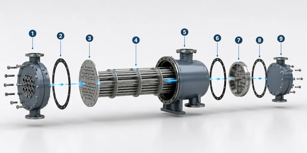 Exploded view of a shell-and-tube heat exchanger showing the step-by-step assembly sequence used in a 3D assembly animation for manufacturing and technician training.
