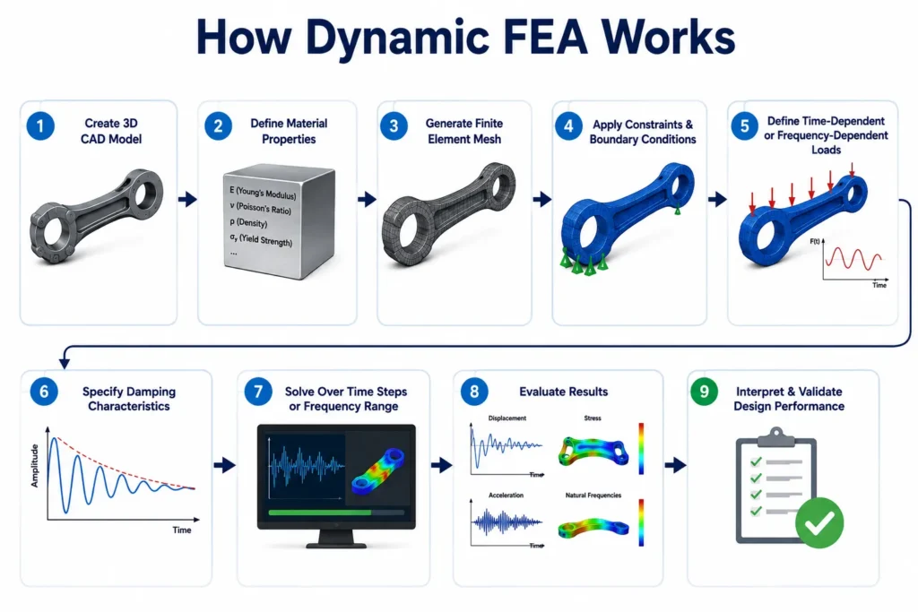 Workflow diagram illustrating the Dynamic FEA process, from 3D CAD modeling and finite element meshing to applying dynamic loads, solving the simulation, and evaluating engineering results.

