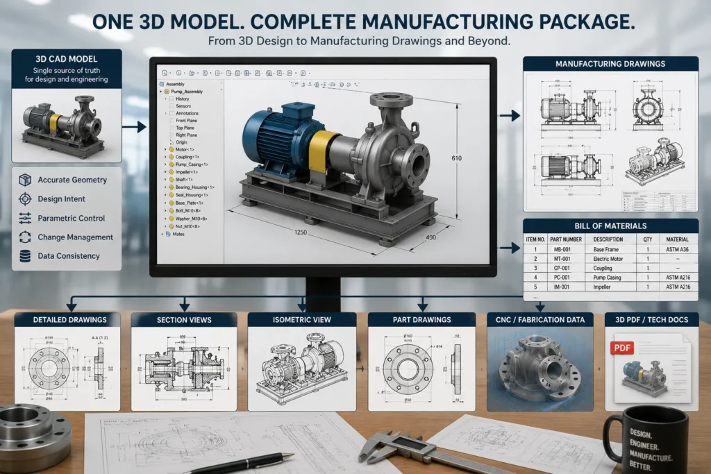 Applications of 3D CAD design across industrial equipment, sheet metal, process equipment, furniture, and custom machinery