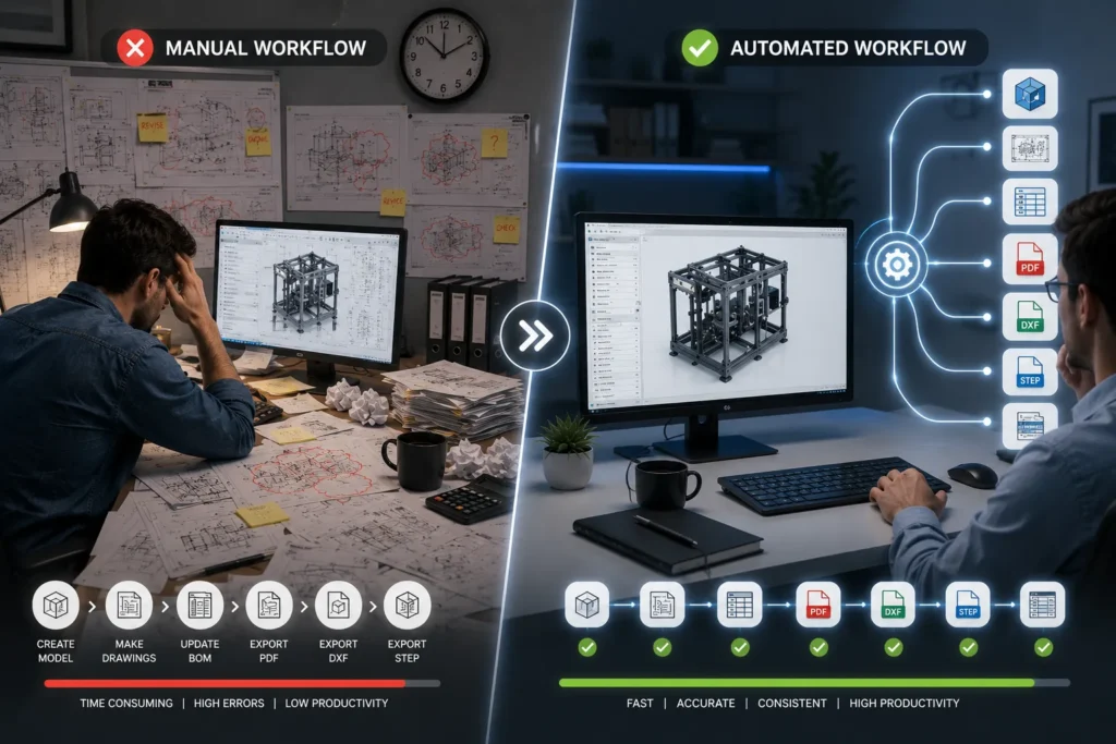 Comparison of manual CAD workflows and CAD automation showing faster engineering, automated drawing generation, BOM creation, and export of PDF, DXF, and STEP files in SOLIDWORKS and Autodesk Inventor.