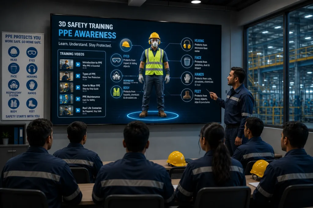 Industrial workers attending a PPE safety training session in a factory classroom while an instructor presents an animated digital display demonstrating personal protective equipment and workplace safety procedures.