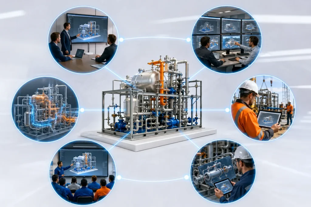 Illustration showing the applications of process equipment animation for engineering design reviews, client presentations, installation planning, maintenance, operator training, and process visualization.