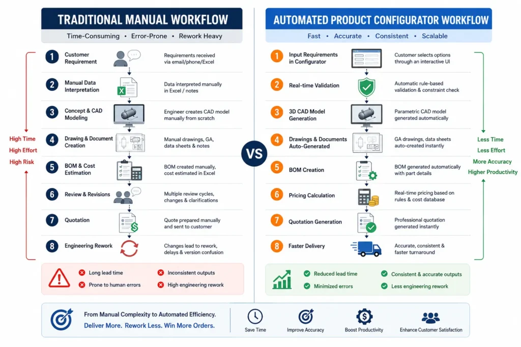 Comparison of manual workflow and Product Configurator workflow