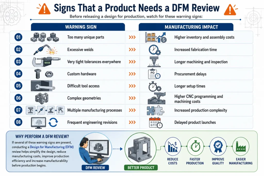 Infographic showing eight warning signs that indicate a product needs a Design for Manufacturing (DFM) review, including excessive welds, tight tolerances, complex geometries, custom hardware, and their impact on manufacturing cost and production efficiency.