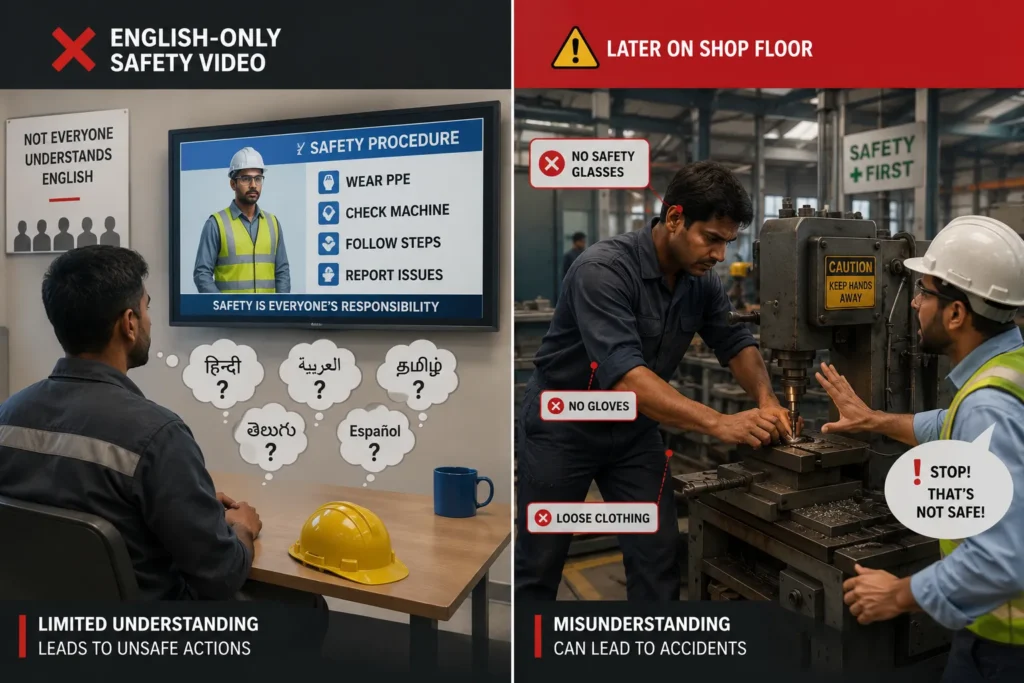 Comparison of single-language and multilingual safety training videos showing confused workers during English-only training versus engaged employees using multilingual industrial safety training with multiple language options.