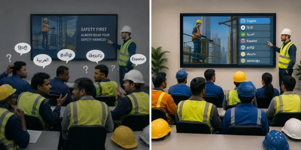 Comparison of single-language workplace safety training and multilingual safety training videos showing confused workers during English-only instruction and engaged employees using multilingual industrial safety training.