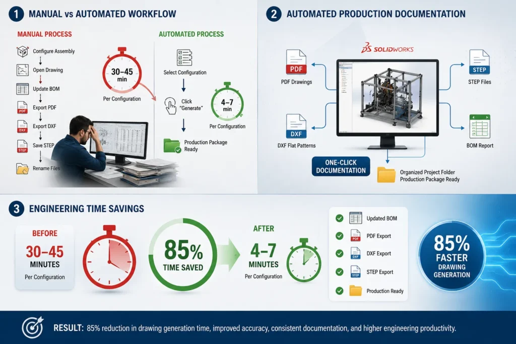SolidWorks API automation generating production documentation including PDF drawings, DXF flat patterns, STEP files, and BOM reports.
