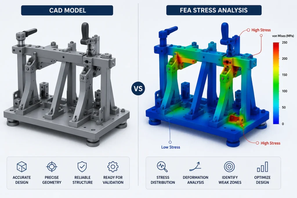 SolidWorks stress analysis highlighting stress concentration in an industrial fixture.