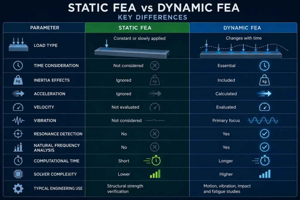 Comparison infographic showing the key differences between Static FEA and Dynamic FEA, including load type, vibration, inertia effects, resonance detection, computational time, and engineering applications.
