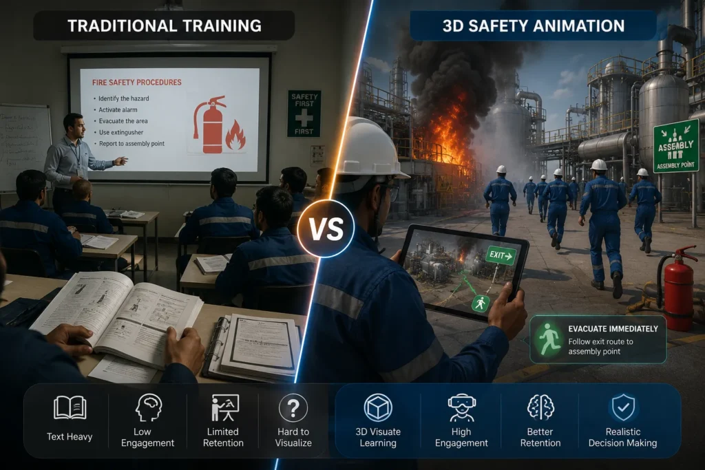 Comparison between traditional emergency training and 3D safety animation