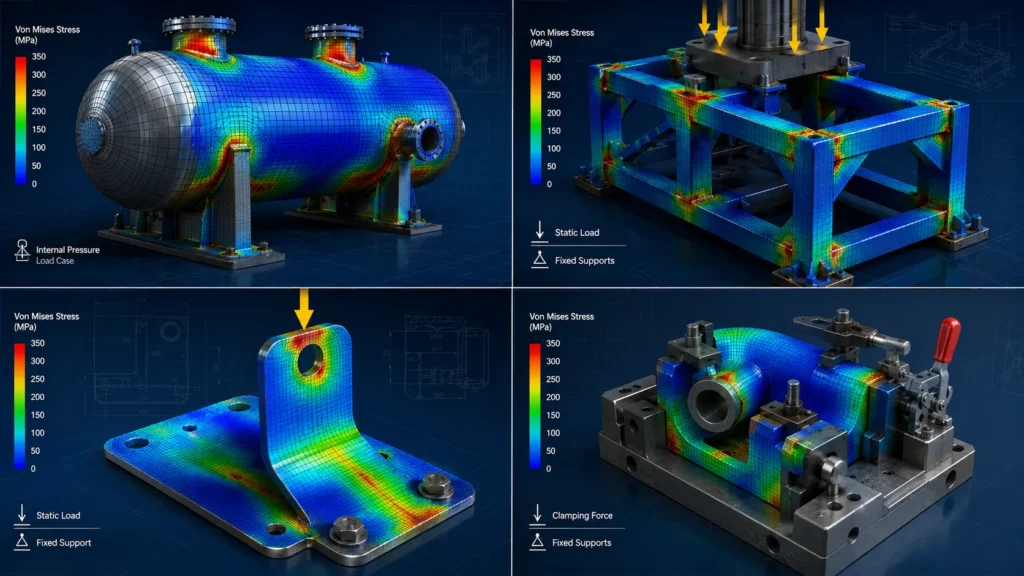 Collage illustrating typical applications of Static FEA, including a pressure vessel, industrial machine frame, sheet metal bracket, and welding fixture with finite element stress analysis.