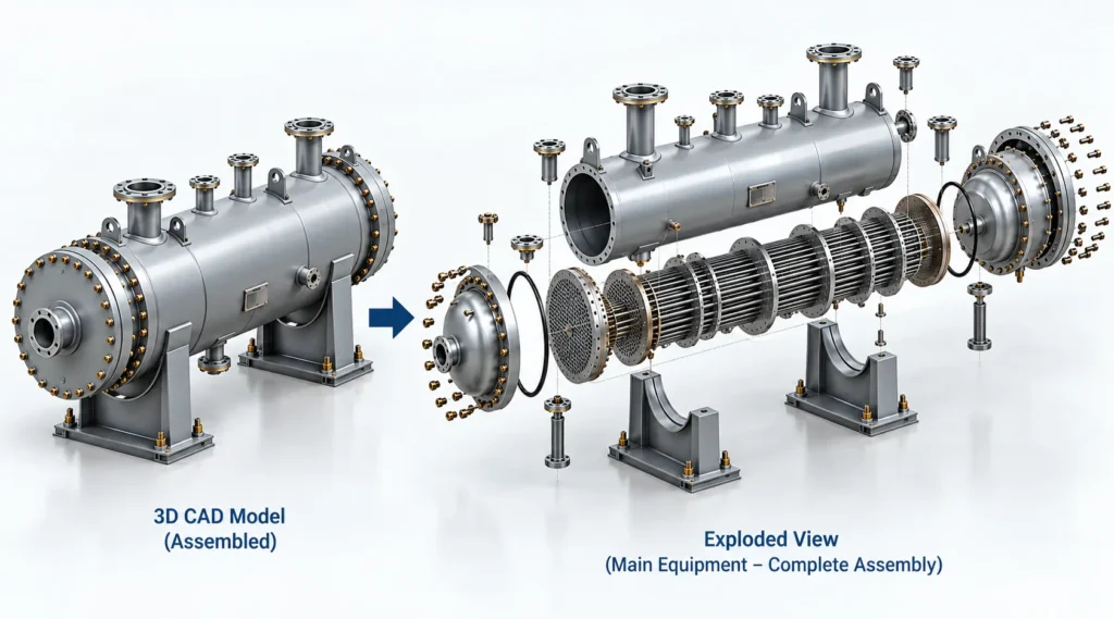 3D assembly animation showing industrial equipment components transitioning from a CAD model into an installation sequence