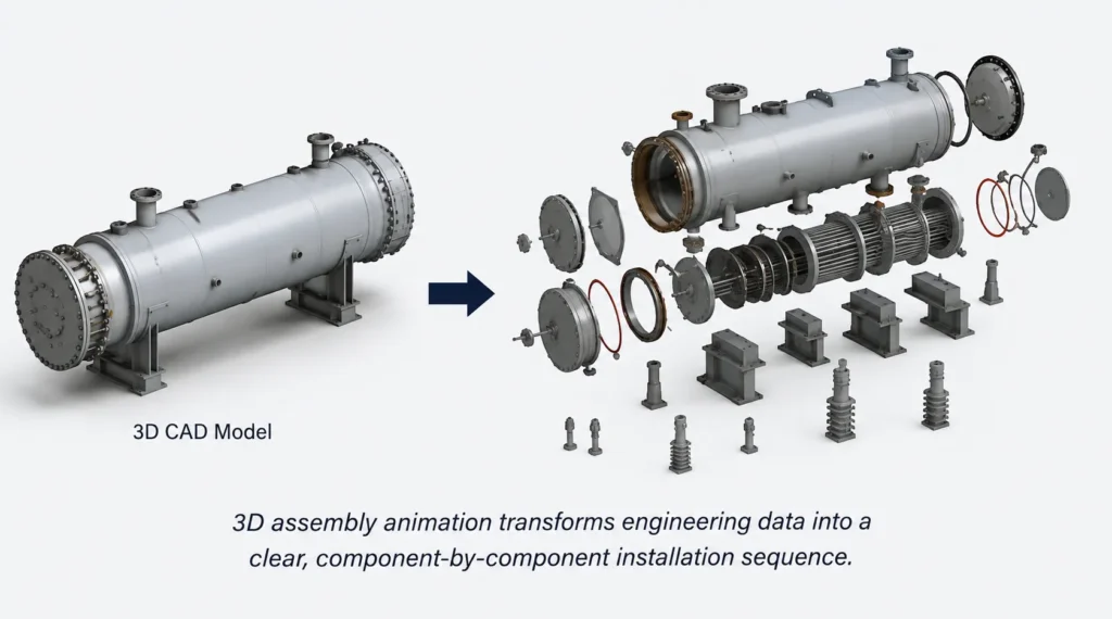 3D assembly animation showing industrial equipment components transitioning from a CAD model into an installation sequence