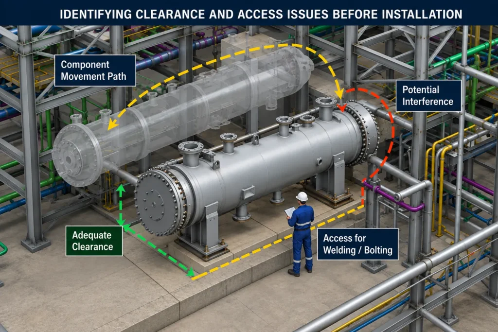 3D visualization showing equipment movement, clearance areas, potential interference, and access for welding and bolting
