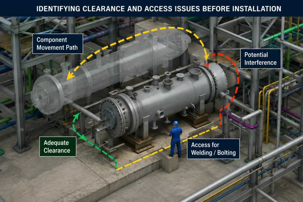 3D visualization showing equipment movement, clearance areas, potential interference, and access for welding and bolting
