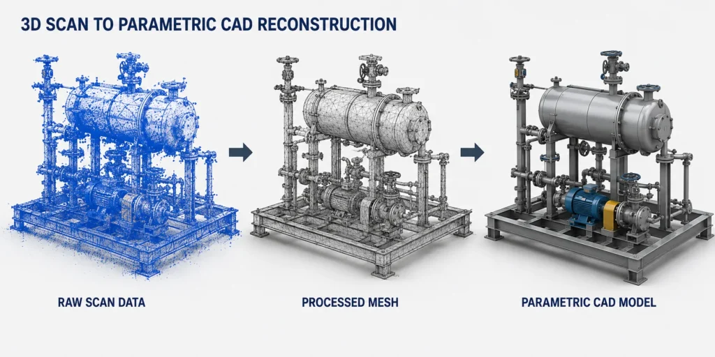 Equipment skid progressing from raw 3D scan data to a processed mesh and editable parametric CAD model.