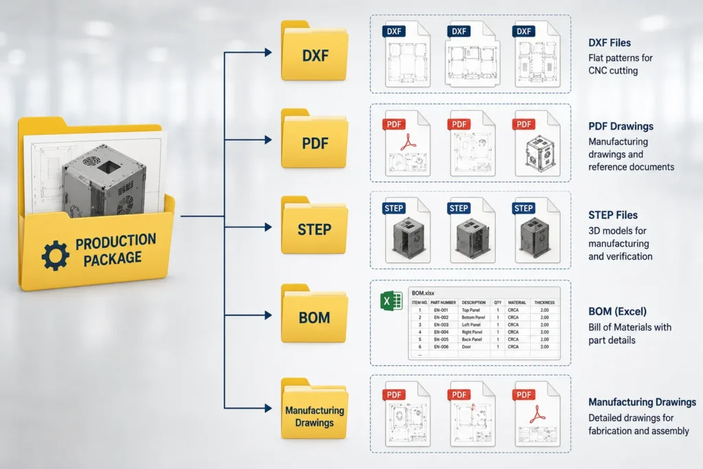 Autodesk Inventor production package with DXF, PDF, STEP, BOM and manufacturing drawing files