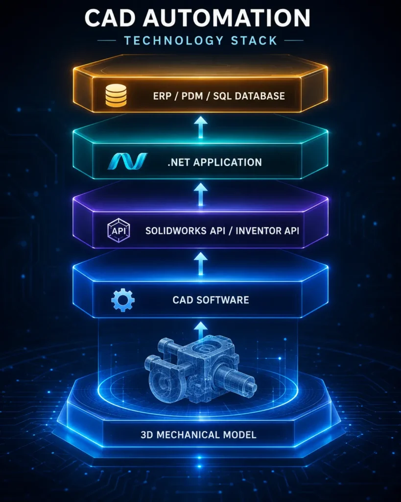 CAD Automation technology stack showing a 3D mechanical model connected to CAD software, SolidWorks API, Autodesk Inventor API, .NET application, and ERP/PDM/SQL database integration.