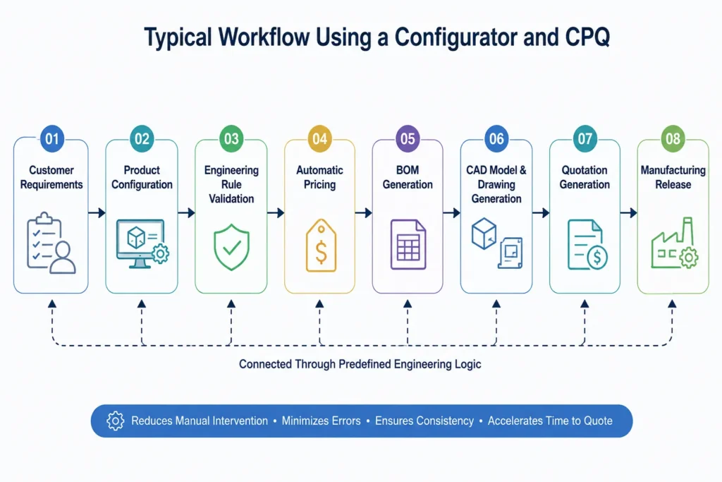 Workflow of a Configurator and CPQ system showing product configuration, engineering validation, automatic pricing, BOM generation, CAD drawings, quotation generation, and manufacturing release.
