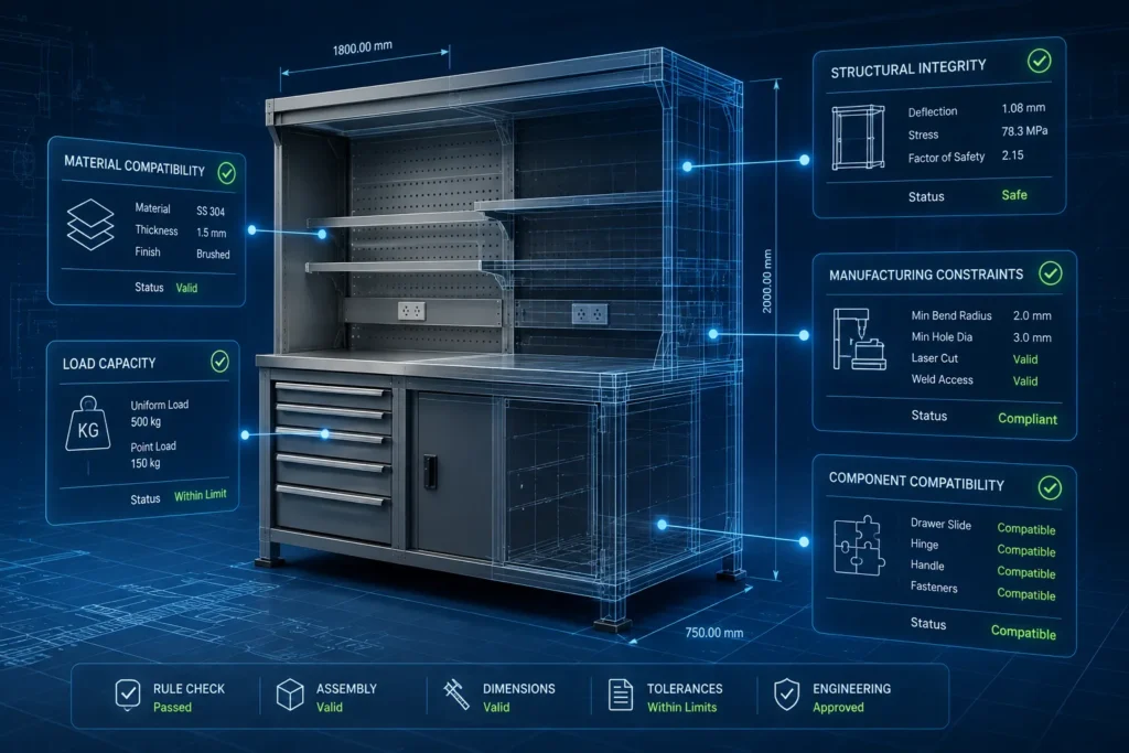 Engineering rule validation in a rule-based product configurator showing material compatibility, load capacity, structural integrity, manufacturing constraints, and component compatibility checks.