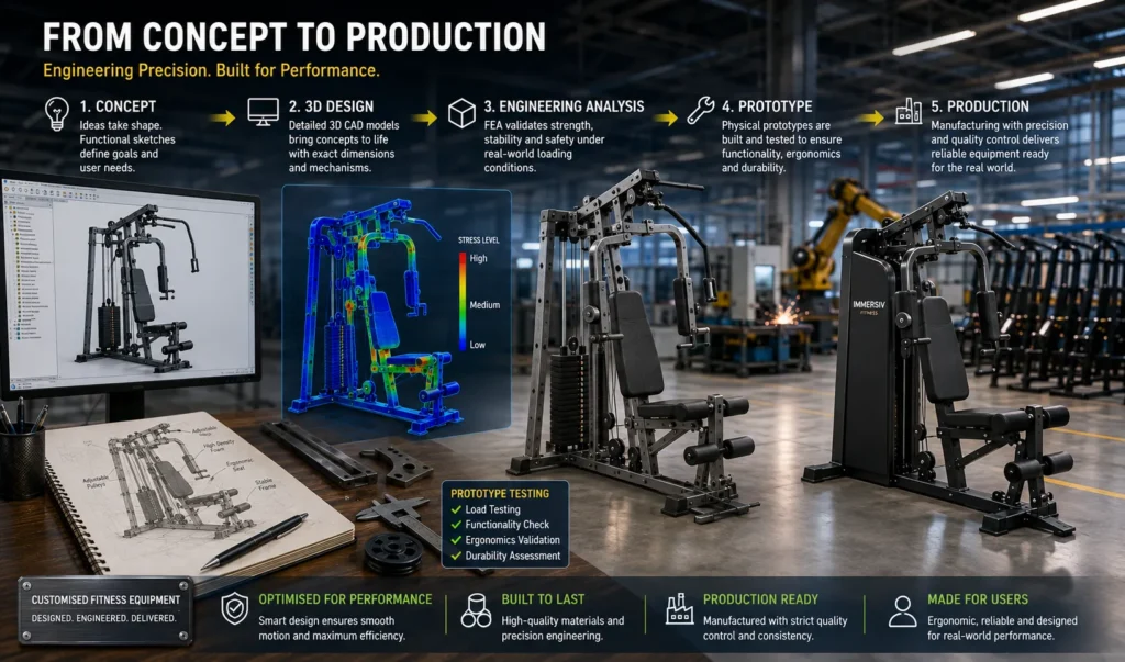 Customised fitness equipment development process from concept and 3D CAD design to engineering analysis, prototype testing, and production.