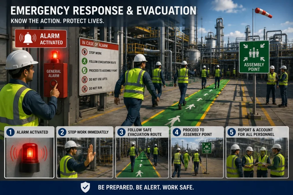 Safety Induction Animation showing emergency response and evacuation procedures in an industrial plant