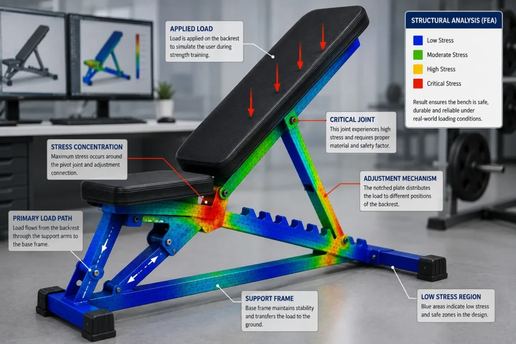 Finite Element Analysis (FEA) of an adjustable workout bench highlighting stress distribution, load paths, and critical joints for fitness equipment design validation.