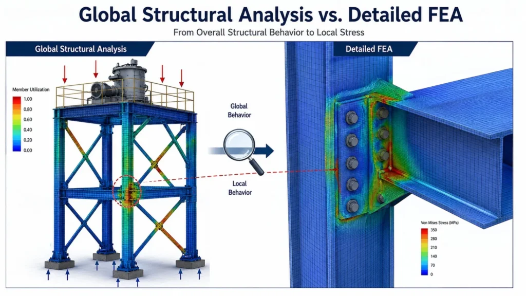 Global structural analysis of a steel structure compared with detailed FEA of a beam column connection