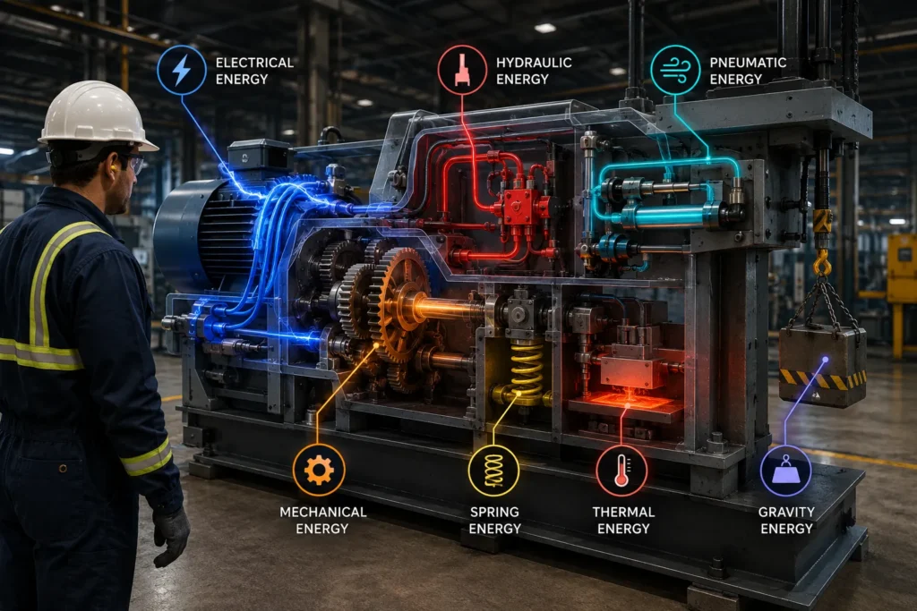 3D cutaway illustration showing electrical, hydraulic, pneumatic, mechanical, spring, thermal, and gravity energy sources in an industrial machine for Lockout Tagout (LOTO) training.