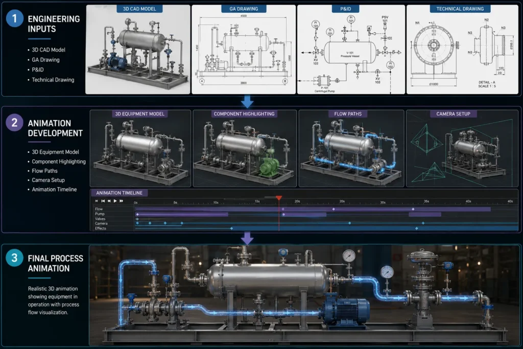 Process Equipment Animation workflow from engineering inputs to final 3D process animation