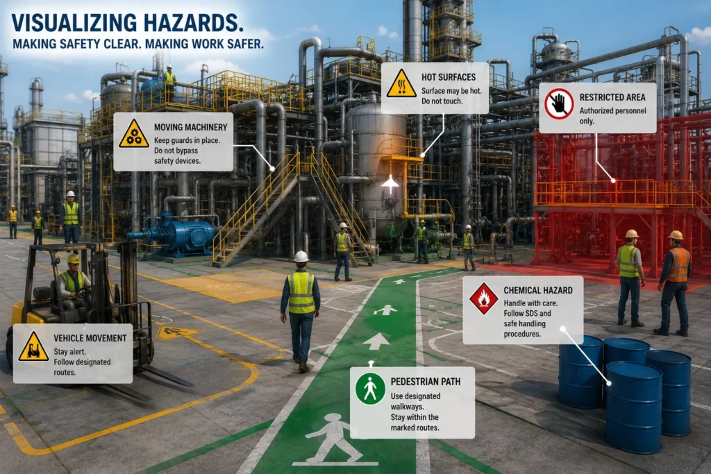 Safety Induction Animation visualizing industrial hazards, restricted areas, vehicle movement, and safe pedestrian routes