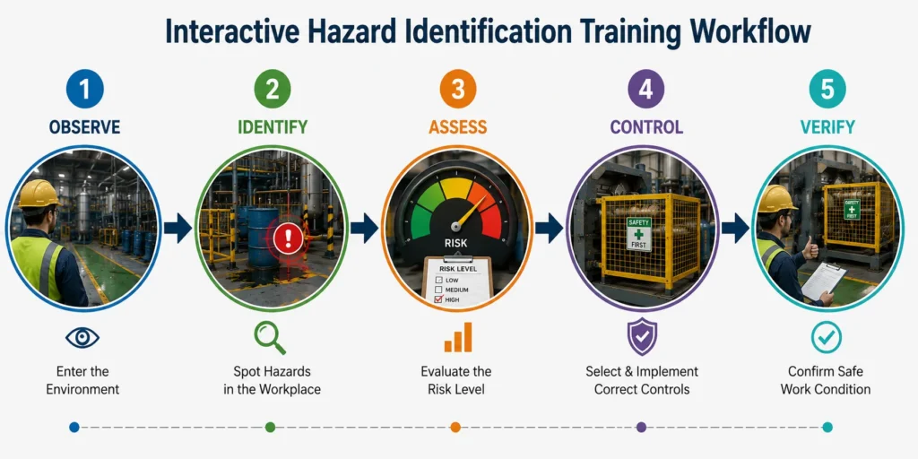 Interactive Hazard Identification Training workflow from hazard observation to control verification