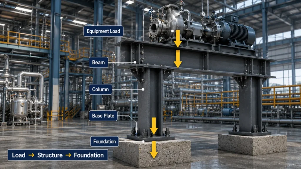 Load path through equipment beam column base plate and foundation in a steel structure