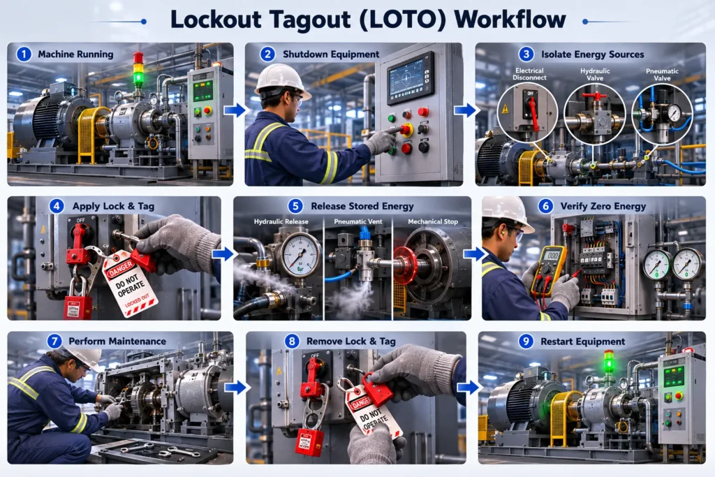 Step-by-step Lockout Tagout (LOTO) workflow showing machine shutdown, energy isolation, lock and tag application, zero-energy verification, maintenance, and safe equipment restart using 3D safety animation.