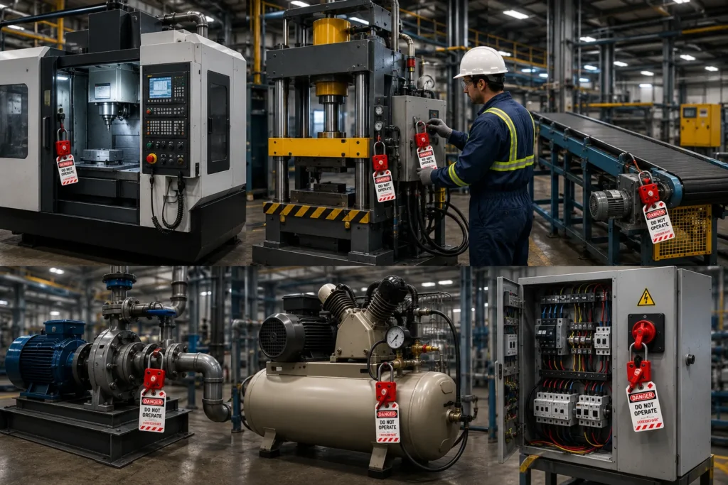 3D illustration showing machine-specific Lockout Tagout (LOTO) procedures for CNC machines, hydraulic press, conveyor, pump, compressor, and electrical control panel used in industrial safety training.