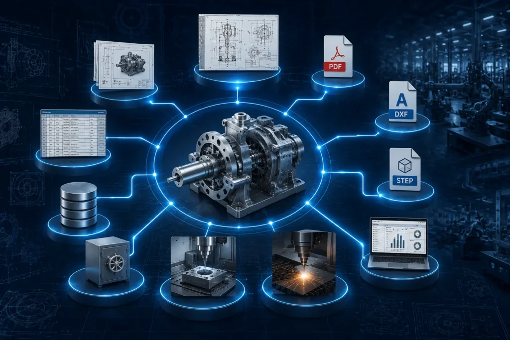 Mechanical engineering workflow transformed through CAD Automation, showing automated generation of drawings, BOMs, PDFs, and manufacturing documents from a 3D CAD model.