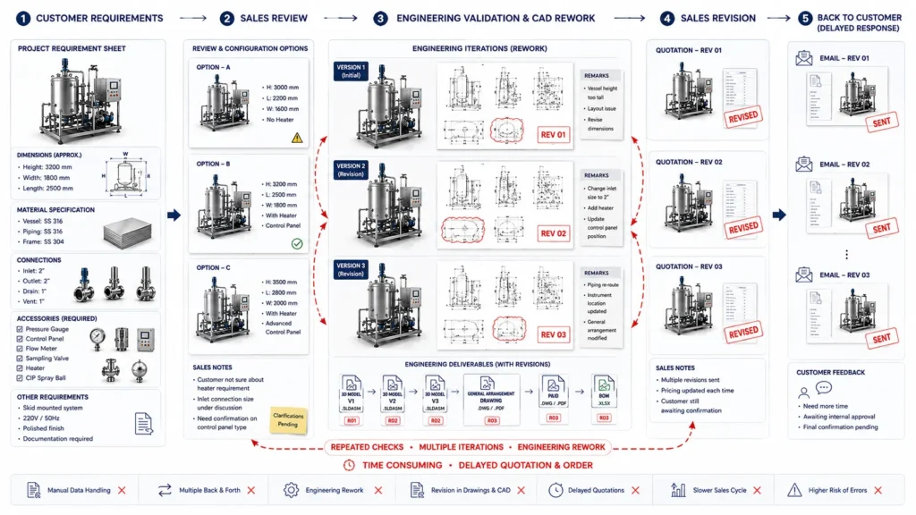 Manual product configuration workflow showing repeated engineering validation, CAD revisions, quotation revisions, and delayed customer response for a process equipment skid