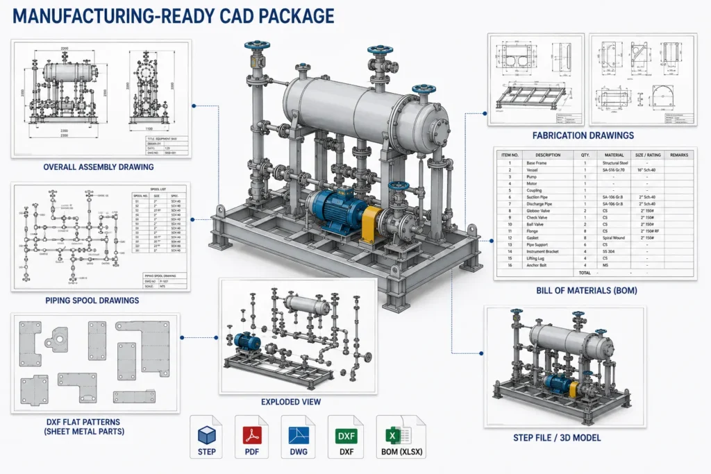 Reverse-engineered equipment skid CAD model with fabrication drawings, piping drawings, BOM, DXF flat patterns, STEP files, and exploded assembly view.
