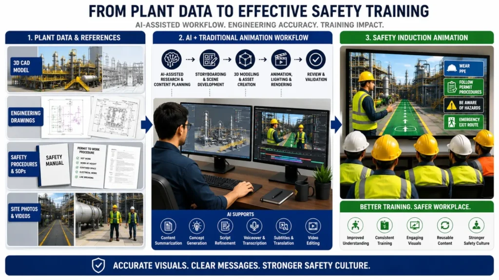 Plant data, engineering drawings, and AI-assisted animation workflow used to create effective Safety Induction Animation