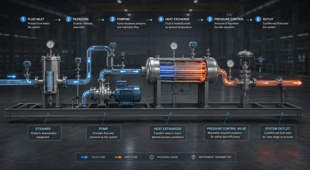 Process Animation showing industrial process equipment flow through filtration pumping heat exchange and pressure control