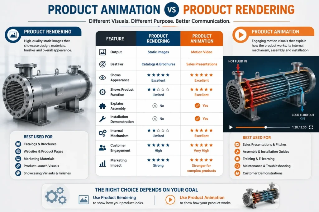 Product Animation vs Product Rendering comparison for industrial manufacturers